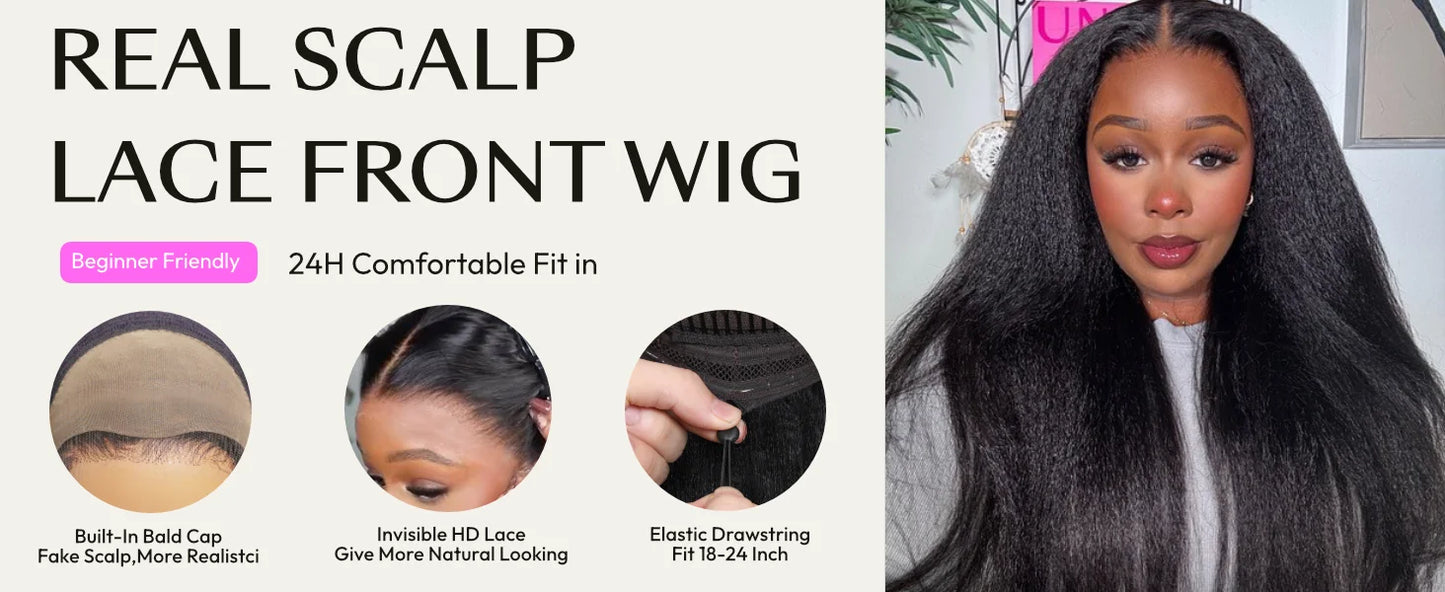 UNice 13x4 HD Real Scalp™ Wig Invisible Lace Frontal Kinky Straight Wig With Drawstring 100% Human Hair Glueless Wigs