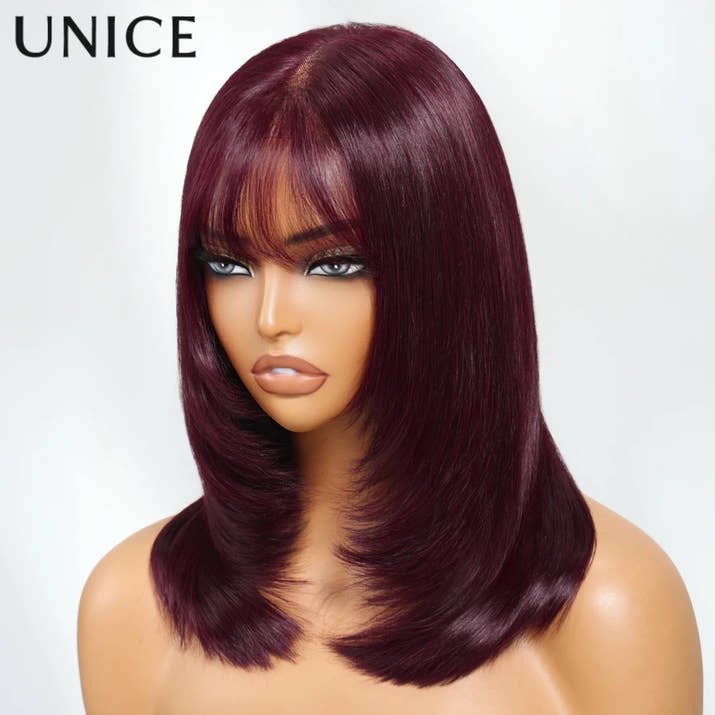 UNice Bye Bye Slip 7x5 Lace Black Cherry Pre Layered Wolf Bob Wig With Wispy Bangs & Drawstring Wear Go Glueless Human Hair Wig