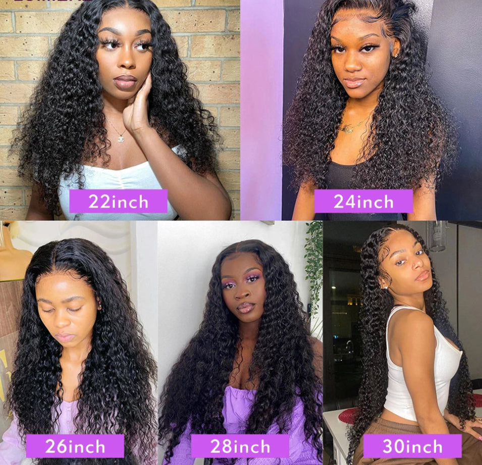 Collage of a woman with different lace front wigs in various lengths, labeled with inch measurements.