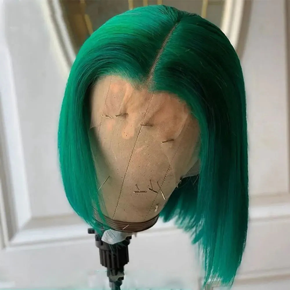 Colored Short Bob Wig Lace Front Wig Grey Pink Straight Human Hair Lace Front Wigs Dark Mint Green13x4 HD Lace Frontal Wigs