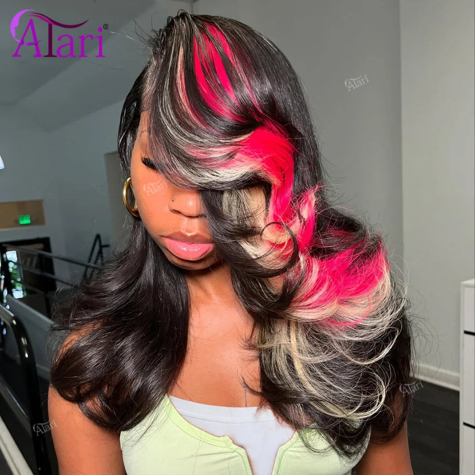 Half Black and Half Highlight Pink Blonde Lace Front Human Hair Wigs 13x6 13x4 Lace Frontal Body Wave Brazilian Wig Pre Plucked