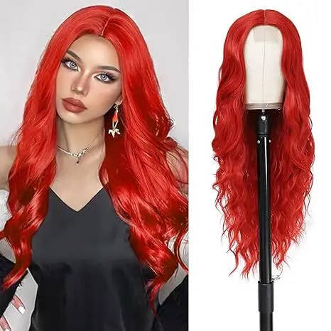 Synthetic Long Lace Wavy Wig for Women 26 Inch Middle Part Curly Natural Looking Heat Resistant Fiber for Daily Party Christmas