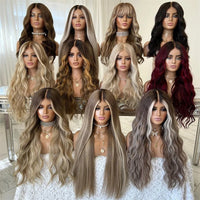 HD Lace Wig Female Platinum Blonde with Ash Brown Roots Natural Wig Synthetic Fibre Mixed Human Hair Wig Straight Full Wig 20''