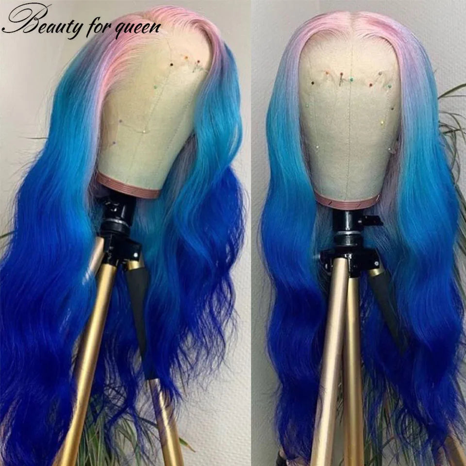 28 Inches Glueless For Women Colored Brazilian Human Hair Wig Cosplay Ombre Pink Blue Body Wave Transparent Lace Frontal Wigs