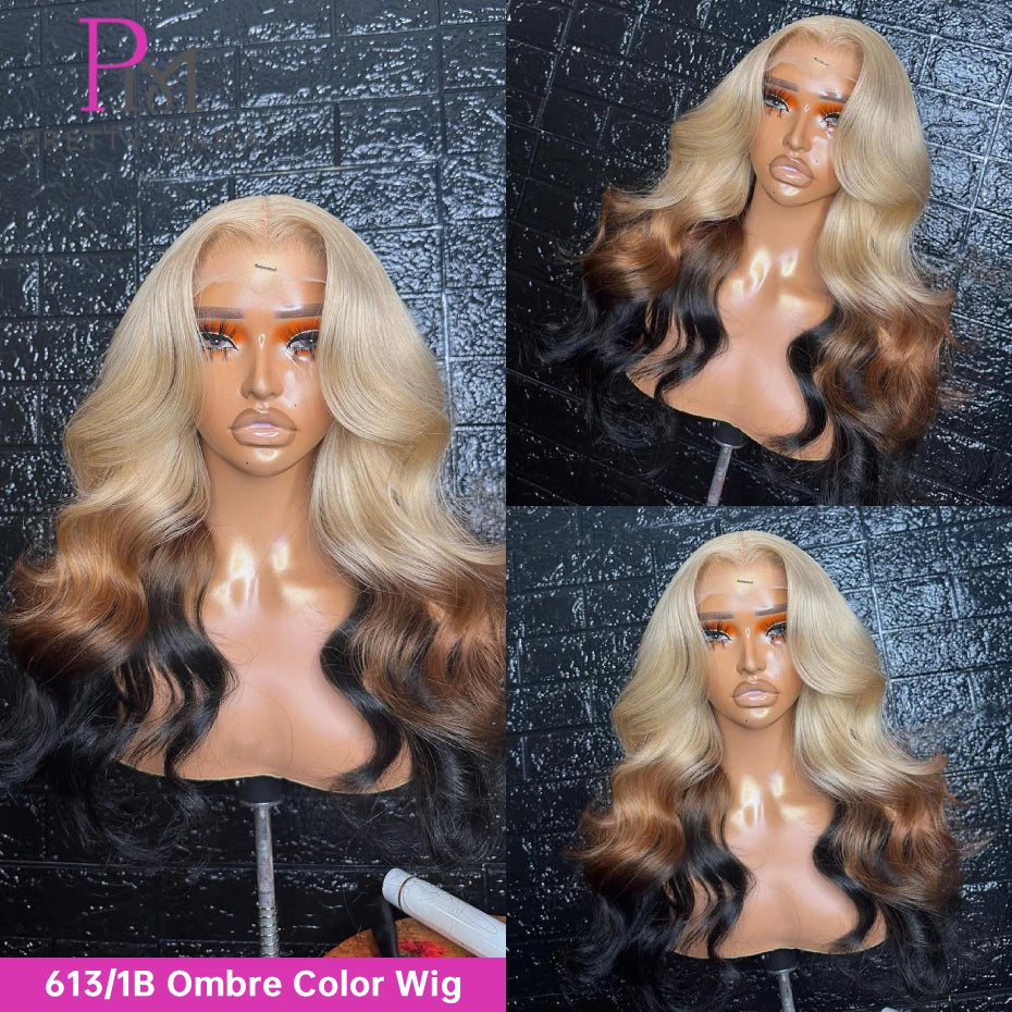 Collage of a 613/1B ombre color wig on a mannequin head against a textured black background.