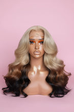 Collage of a 613/1B ombre color wig on a mannequin head against a textured pink background.