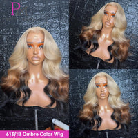 Collage of a 613/1B ombre color wig on a mannequin head against a textured black background.