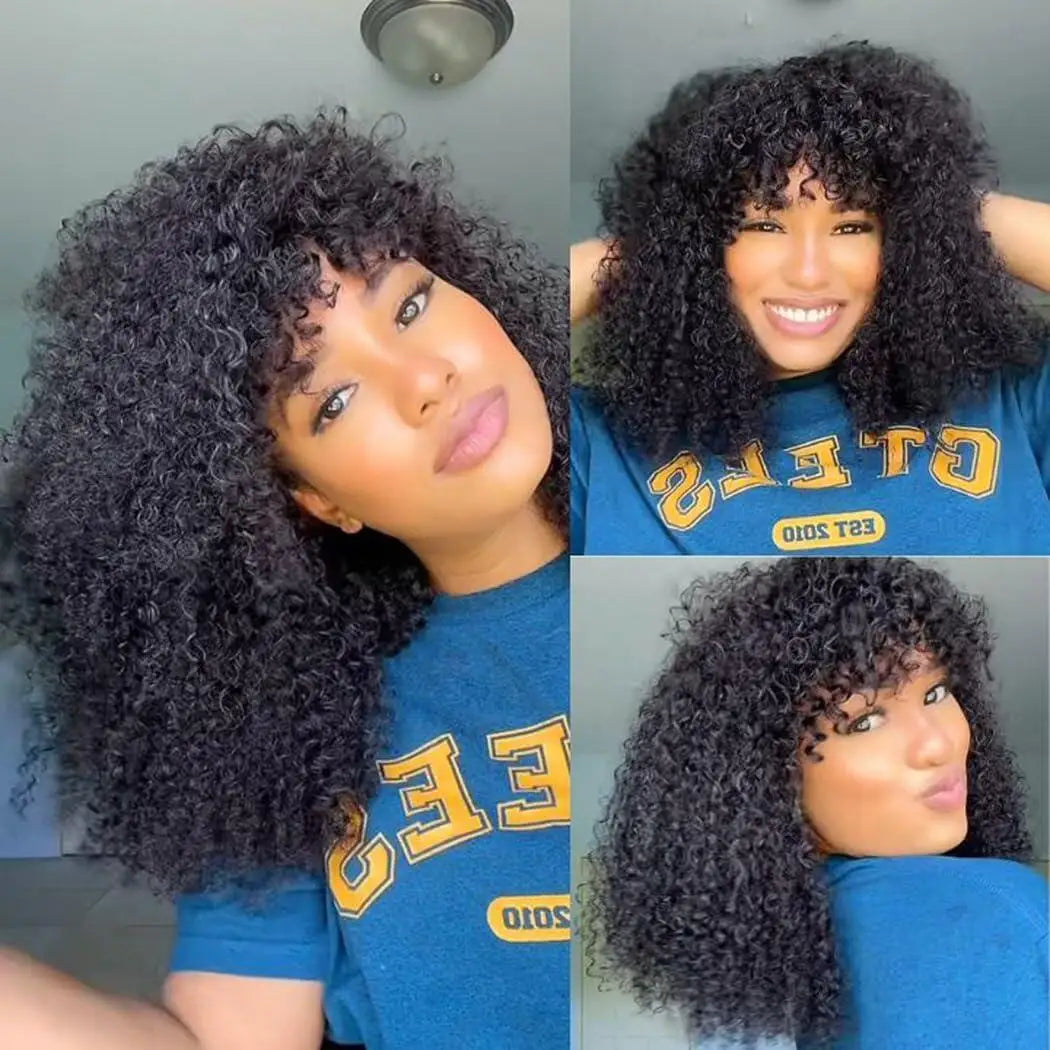 Afro Kinky Curly Wigs With Bangs For Women Brazilian Hair Machine Made Wig Short Afro Curly Human Hair Wigs 180 Density