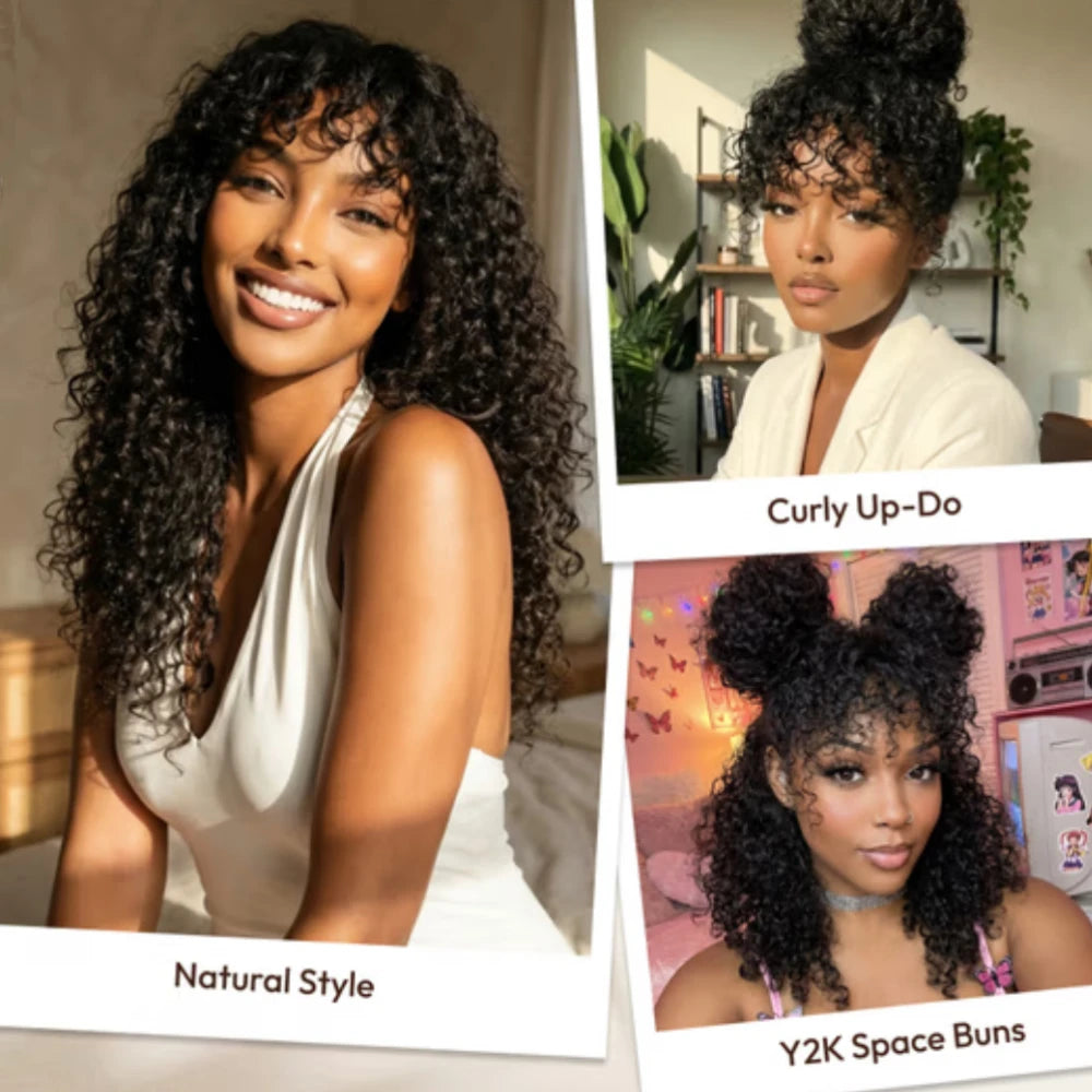 Boho Curly Wig with Bangs | Pre-Cut 4×2 T-Part Lace, Glueless Drawstring