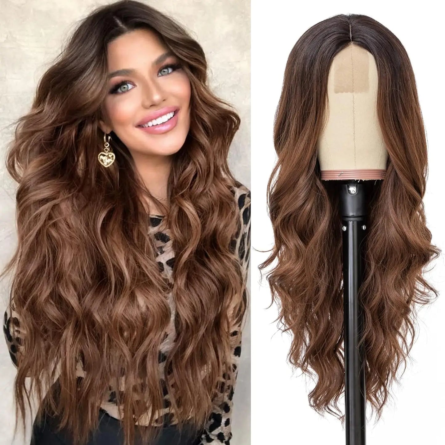 Synthetic Long Lace Wavy Wig for Women 26 Inch Middle Part Curly Natural Looking Heat Resistant Fiber for Daily Party Christmas