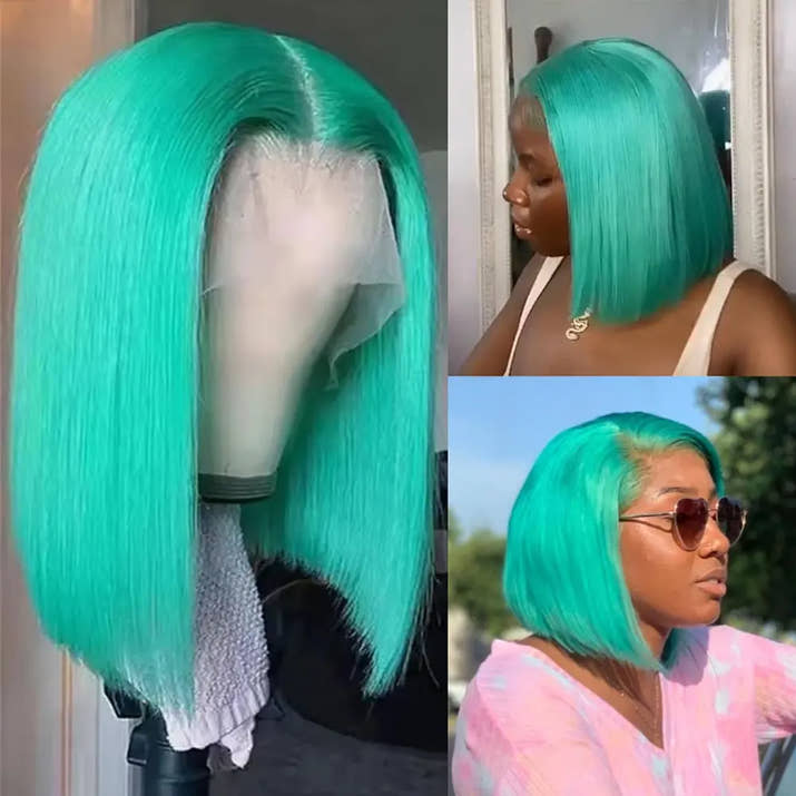 Colored Short Bob Wig Lace Front Wig Grey Pink Straight Human Hair Lace Front Wigs Dark Mint Green13x4 HD Lace Frontal Wigs