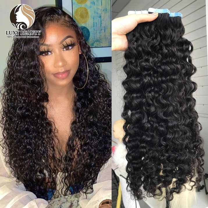 Water Wave Tape In Hair Extensions Brazilian Remy Human Hair for Black Women Natural Black Tape Ins Hair Extensions 20pc/Pack