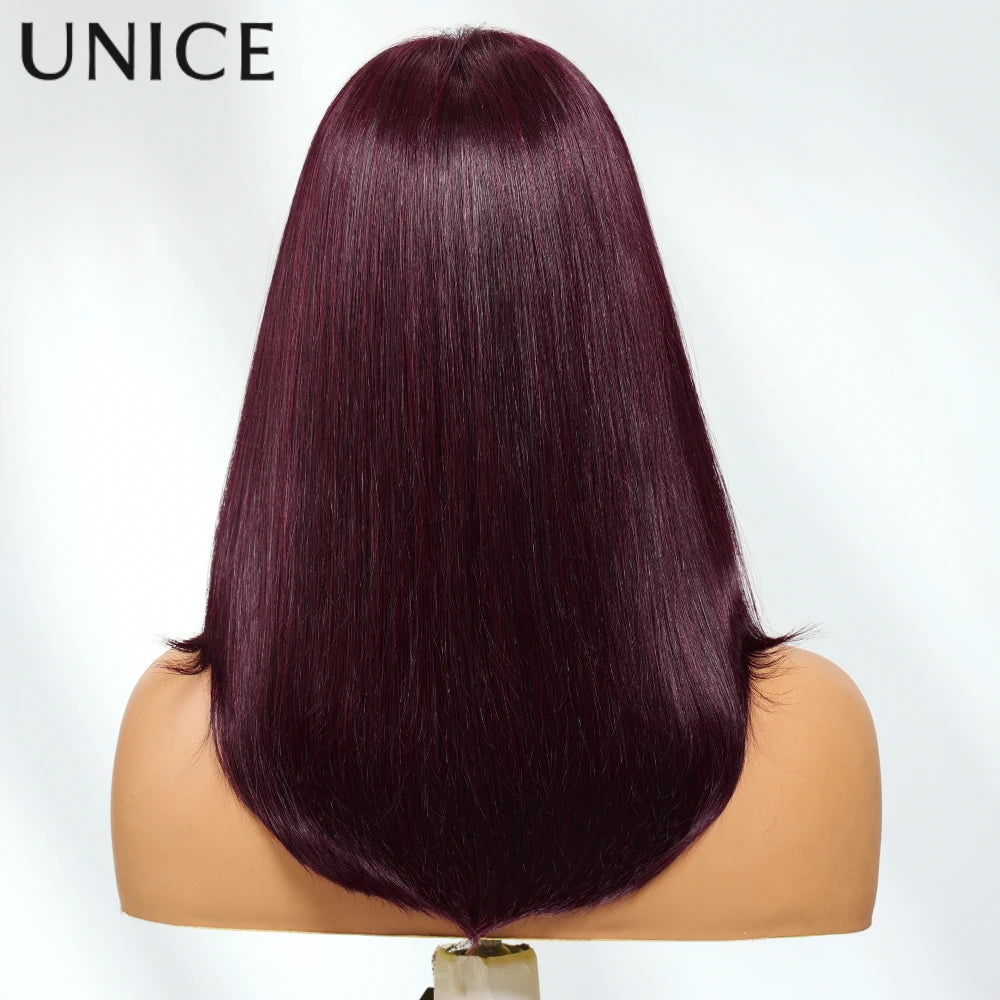 UNice Bye Bye Slip 7x5 Lace Black Cherry Pre Layered Wolf Bob Wig With Wispy Bangs & Drawstring Wear Go Glueless Human Hair Wig