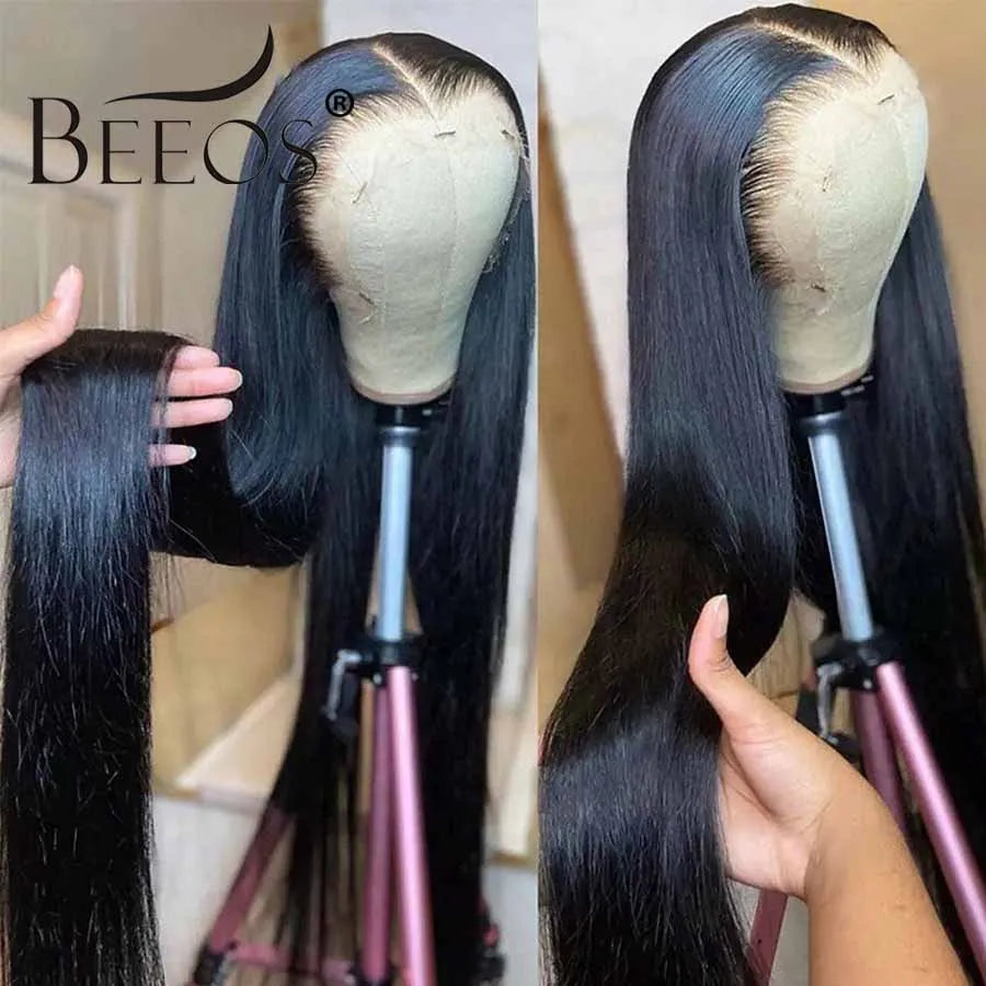 BEEOS Undetectable 13x6 HD Lace Frontal Wig Pre plucked 13x4 HD Lace Full Front Human Hair Wigs For Women Bone Straight Wig 34in