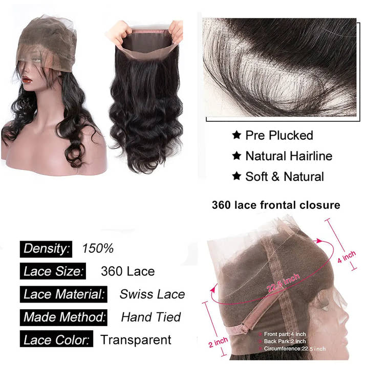 Body Wave Human Hair 360 Lace Frontal Closure 10 - 22 inch Natural Black Preplucked Wavy 360 Lace Closure for Women