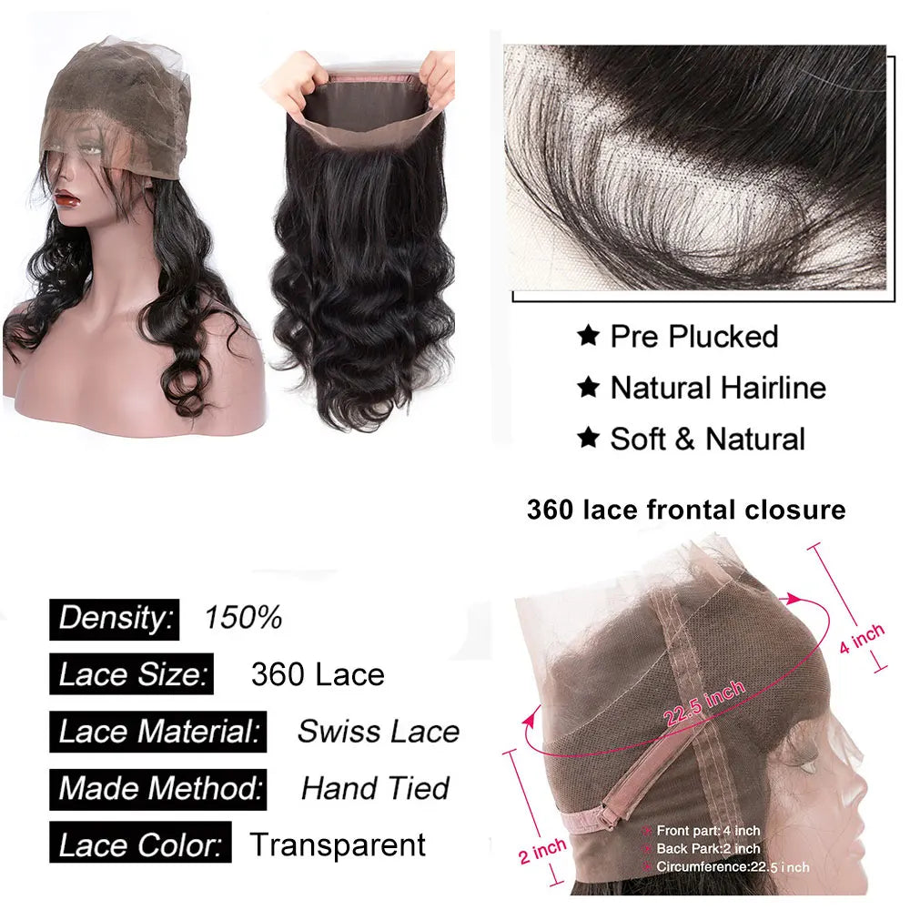 Body Wave Human Hair 360 Lace Frontal Closure 10 - 22 inch Natural Black Preplucked Wavy 360 Lace Closure for Women