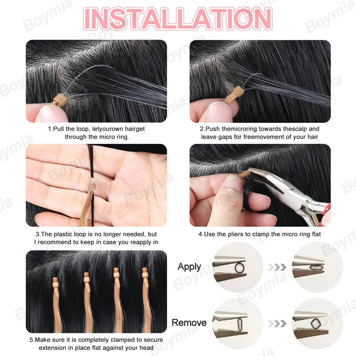 50 Strands Microlink Human Hair Extensions 100% Real Natual Microloop hair Extensions 30g Fish Line Micro Beads for Add Volume