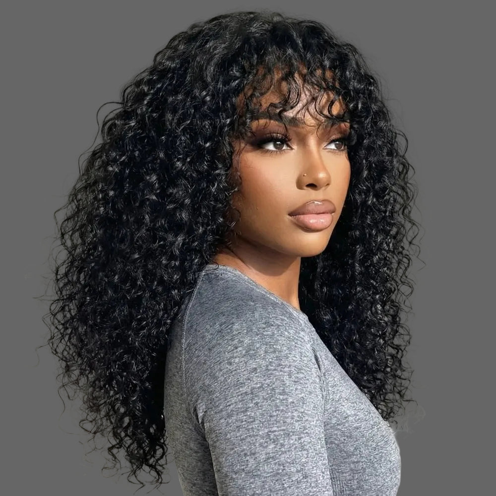 Boho Curly Wig with Bangs | Pre-Cut 4×2 T-Part Lace, Glueless Drawstring