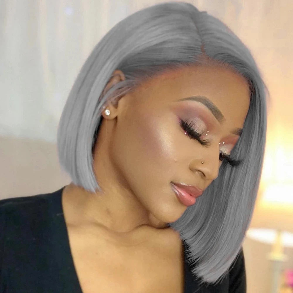 Colored Short Bob Wig Lace Front Wig Grey Pink Straight Human Hair Lace Front Wigs Dark Mint Green13x4 HD Lace Frontal Wigs