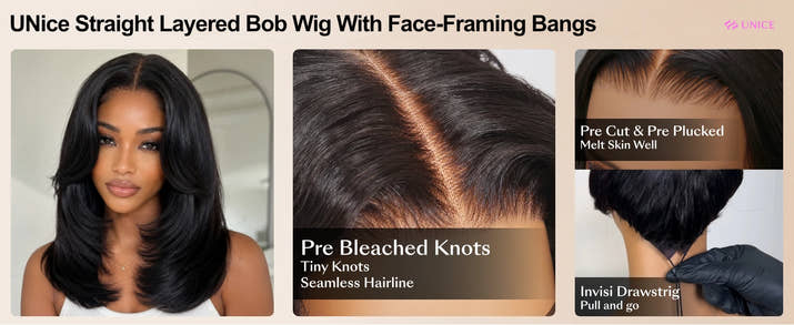 UNice Sleek Layered Bob Wig with Face-Framing Bangs No-Slip Cap 7x5 Lace Shoulder-Length Glueless Human Hair Wig Ready To Wear
