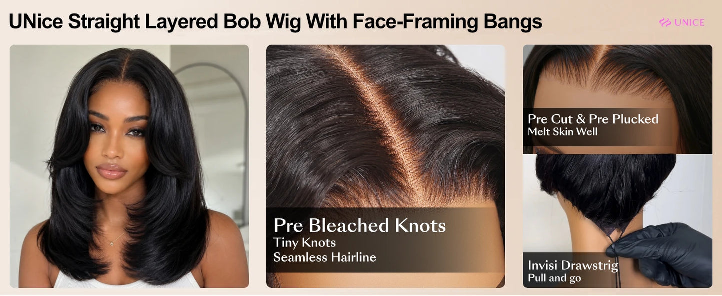 UNice Sleek Layered Bob Wig with Face-Framing Bangs No-Slip Cap 7x5 Lace Shoulder-Length Glueless Human Hair Wig Ready To Wear