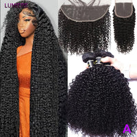 100% Virgin Afro Deep kinky Curl human hair HD Transparent Lace Front Closure with bundles