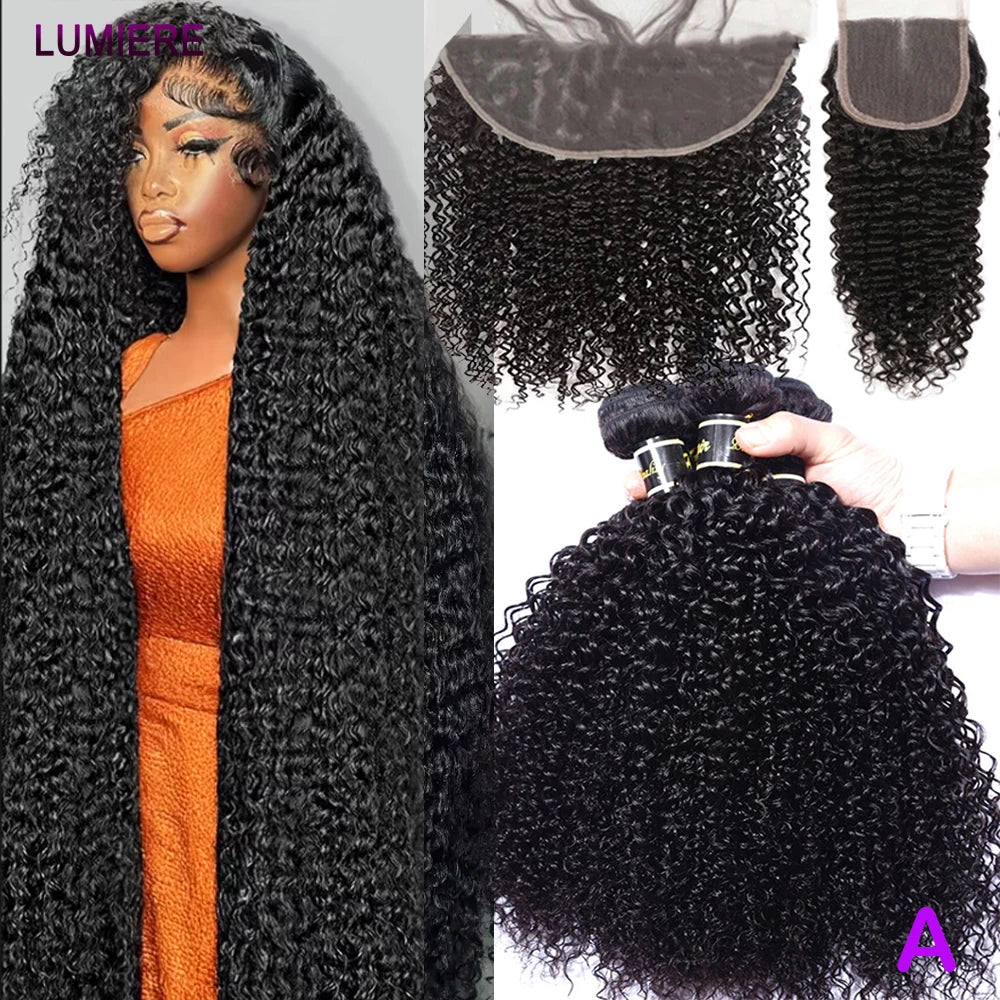 100% Virgin Afro Deep kinky Curl human hair HD Transparent Lace Front Closure with bundles