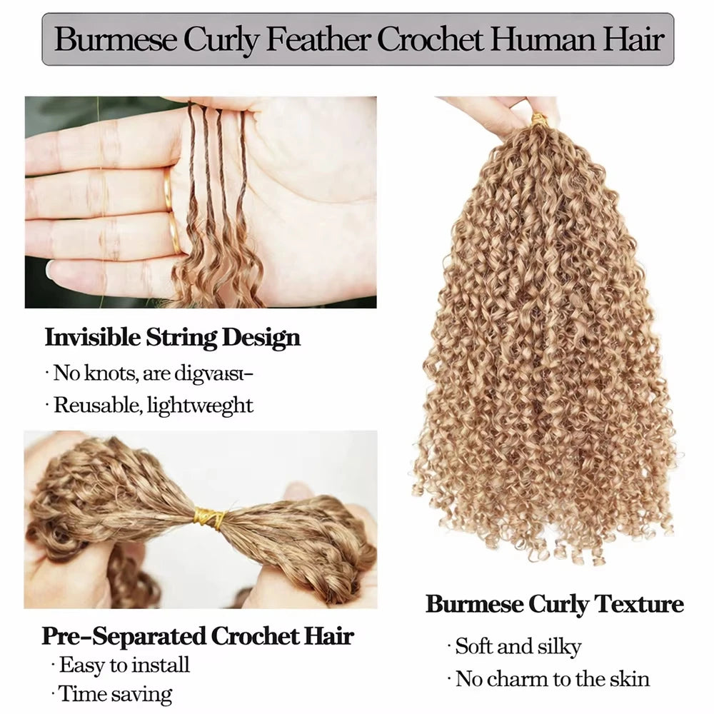 14A Honey Blonde Small Spirals Kinky Curly Feather Crochet Human Hair Knotless Invisible Pre Separated Crochet Hair Extensions