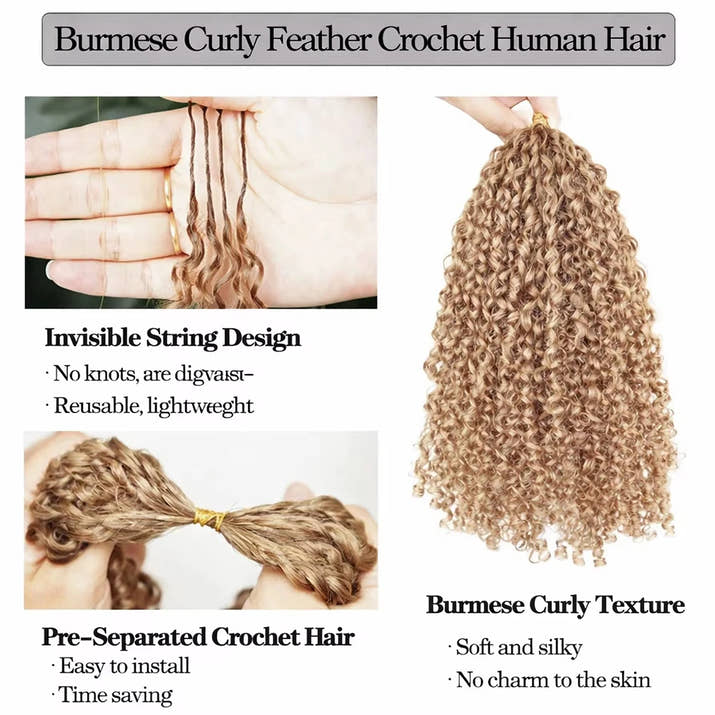 14A Honey Blonde Small Spirals Kinky Curly Feather Crochet Human Hair Knotless Invisible Pre Separated Crochet Hair Extensions