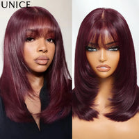 UNice Bye Bye Slip 7x5 Lace Black Cherry Pre Layered Wolf Bob Wig With Wispy Bangs & Drawstring Wear Go Glueless Human Hair Wig