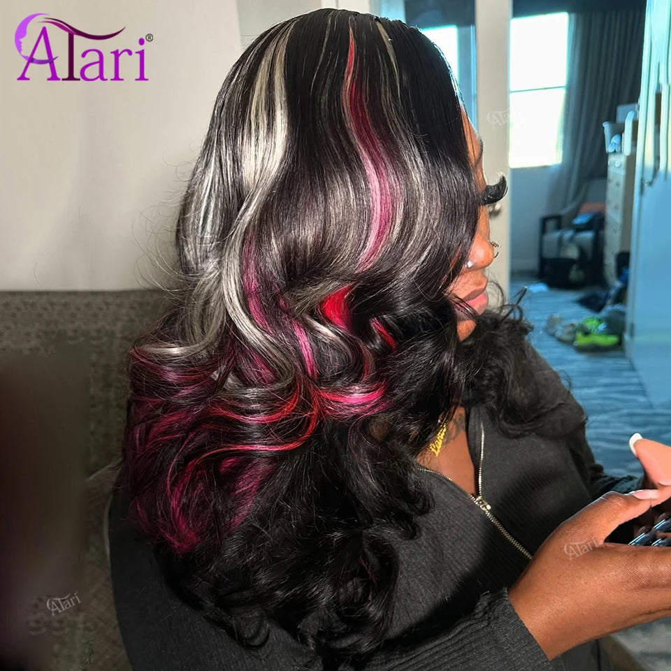 Half Black and Half Highlight Pink Blonde Lace Front Human Hair Wigs 13x6 13x4 Lace Frontal Body Wave Brazilian Wig Pre Plucked