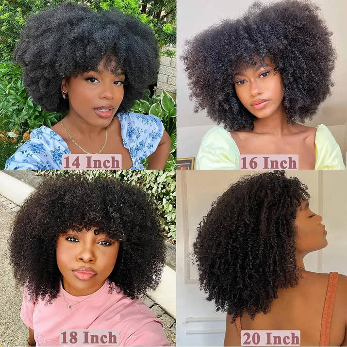 Natural Color Short Afro Kinky Curly Human Hair Wig With Bangs 200 Density NON-Lace 100% Virgin Human Hair Wigs For Black Women