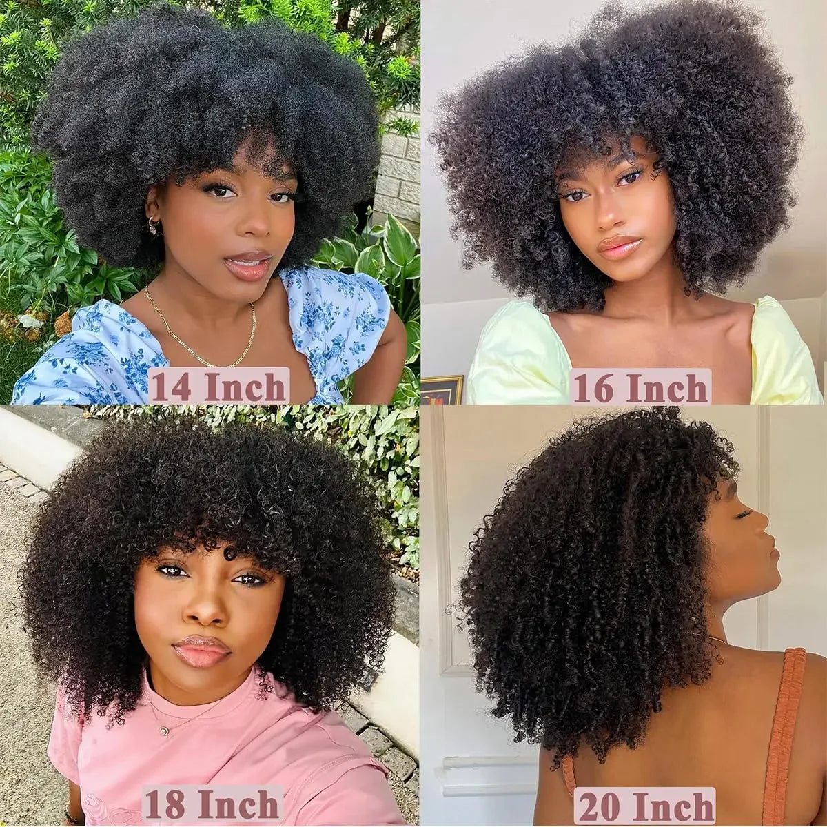 Natural Color Short Afro Kinky Curly Human Hair Wig With Bangs 200 Density NON-Lace 100% Virgin Human Hair Wigs For Black Women