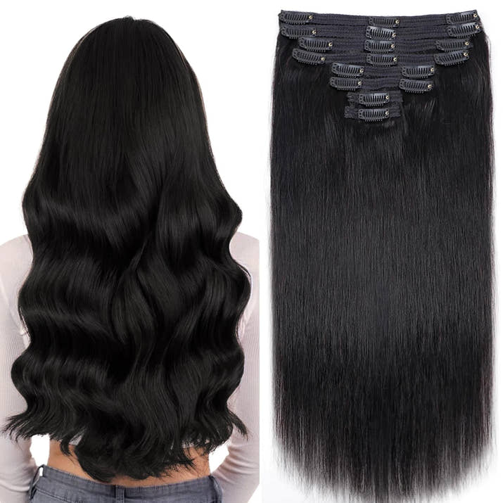 Straight Clip in Hair Extensions Human Hair 8pcs #1B Double Weft Clip in Human Hair Extensions Natural Black Color For Women