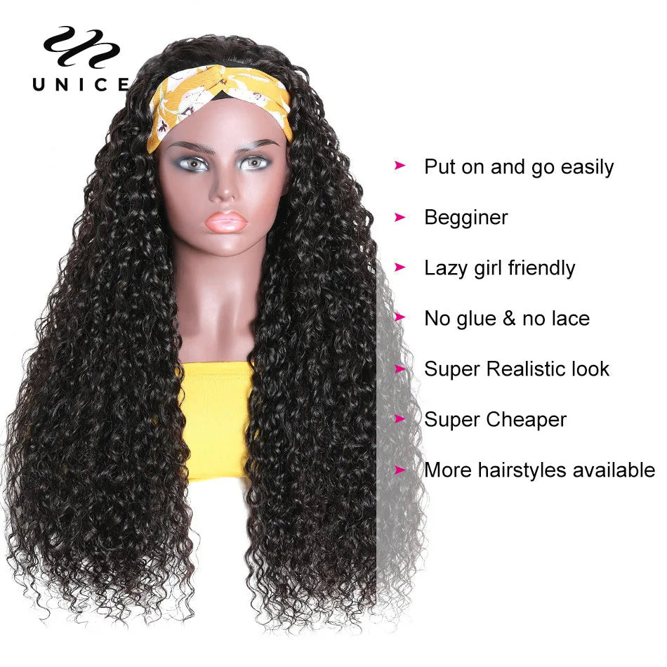 UNice Curly Headband Wigs 100% Human Hair Glueless Wig Beginner Friendly