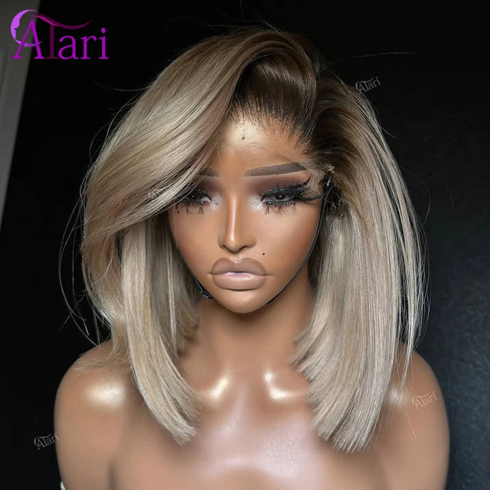 Ash Blonde with Brown Roots Short Bob Wig Transparent 13x4 Full Lace Frontal Human Hair Straight Bob Wig Pre Plucked for Women