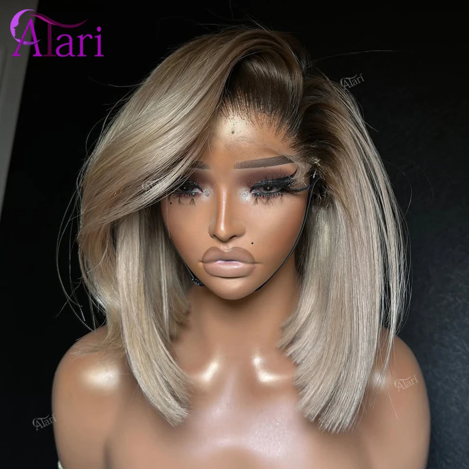 Ash Blonde with Brown Roots Short Bob Wig Transparent 13x4 Full Lace Frontal Human Hair Straight Bob Wig Pre Plucked for Women