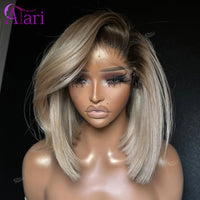 Ash Blonde with Brown Roots Short Bob Wig Transparent 13x4 Full Lace Frontal Human Hair Straight Bob Wig Pre Plucked for Women