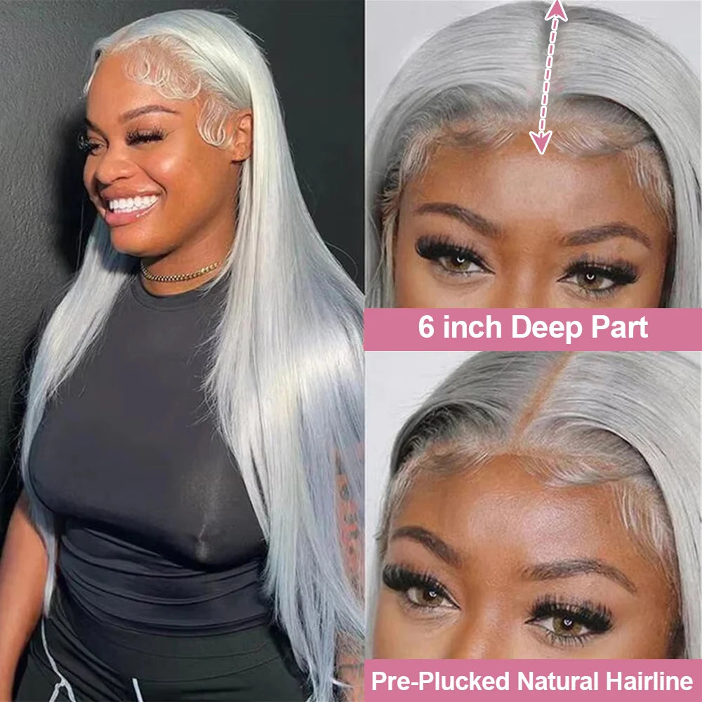 40 Inch 13x6 HD Silver Grey Colored Straight Lace Front Wigs Human Hair Brazilian 13x4 Lace Frontal Wigs For Women 250% Density