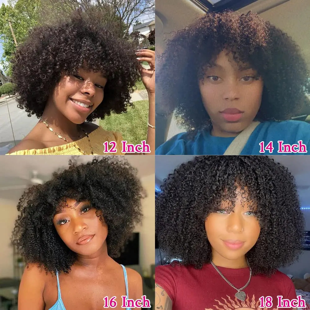 Afro Kinky Curly Wigs With Bangs For Women Brazilian Hair Machine Made Wig Short Afro Curly Human Hair Wigs 180 Density