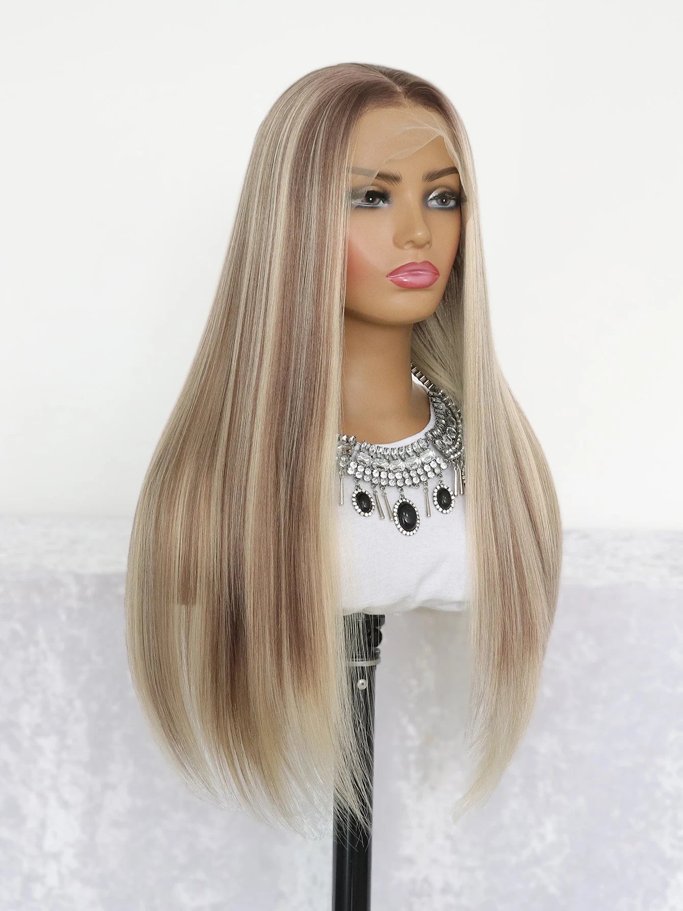 24" Blonde Highlight Straight Lace Wig