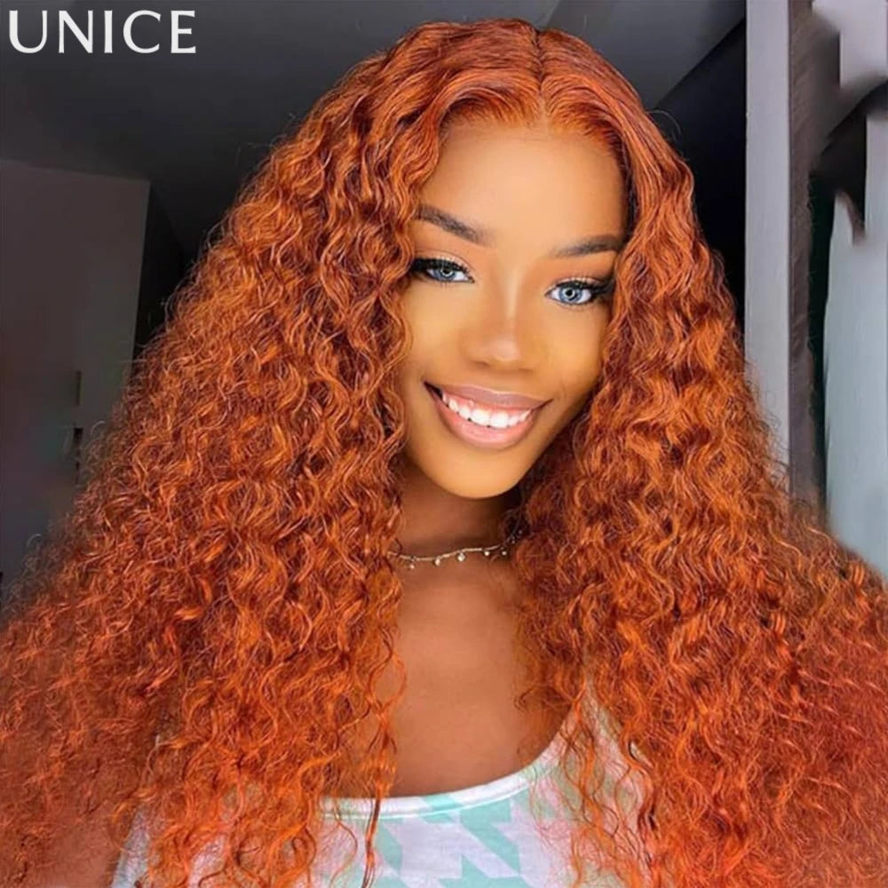 UNice Ginger Curly Wig With Drawstring Pre Cut Pre Bleached  4x2 Lace Front Human Hair Glueless Wig 150% Density