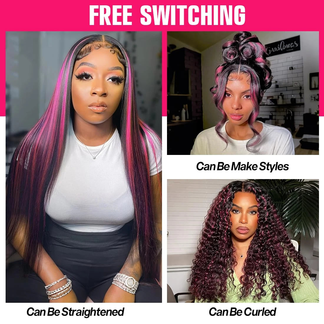 Smilegirl Purple Highlight Lace Front Wig 13x6 Human Hair Pre-plucked Hairline 36 38inches Brazilian HD Lace Frontal Human Hair Wigs 13X4 1B/Purple Curly Wavy Ombre Colored Wigs for Women