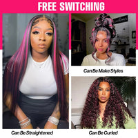Smilegirl Purple Highlight Lace Front Wig 13x6 Human Hair Pre-plucked Hairline 36 38inches Brazilian HD Lace Frontal Human Hair Wigs 13X4 1B/Purple Curly Wavy Ombre Colored Wigs for Women