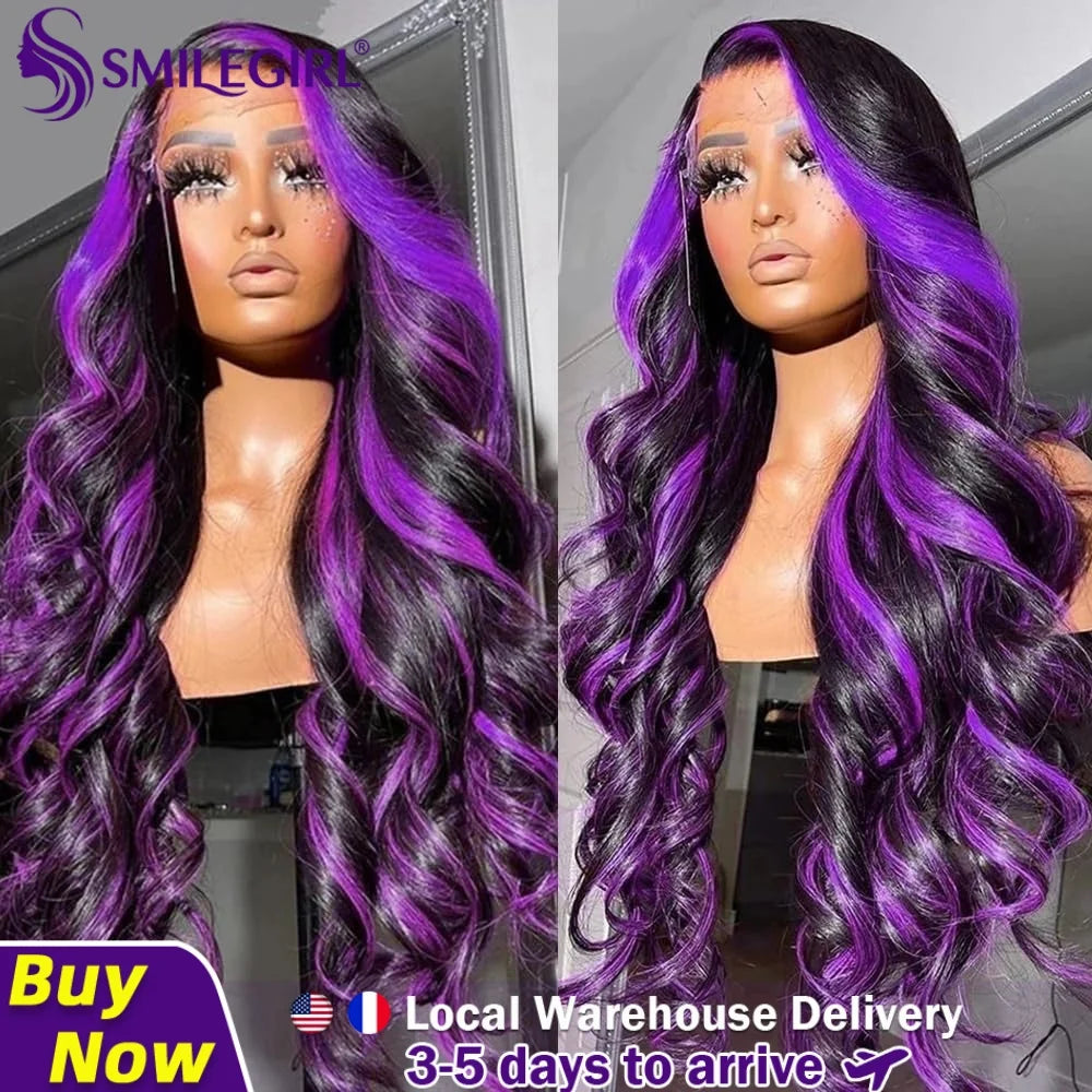 Smilegirl Purple Highlight Lace Front Wig 13x6 Human Hair Pre-plucked Hairline 36 38inches Brazilian HD Lace Frontal Human Hair Wigs 13X4 1B/Purple Curly Wavy Ombre Colored Wigs for Women