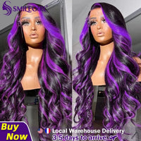 Smilegirl Purple Highlight Lace Front Wig 13x6 Human Hair Pre-plucked Hairline 36 38inches Brazilian HD Lace Frontal Human Hair Wigs 13X4 1B/Purple Curly Wavy Ombre Colored Wigs for Women