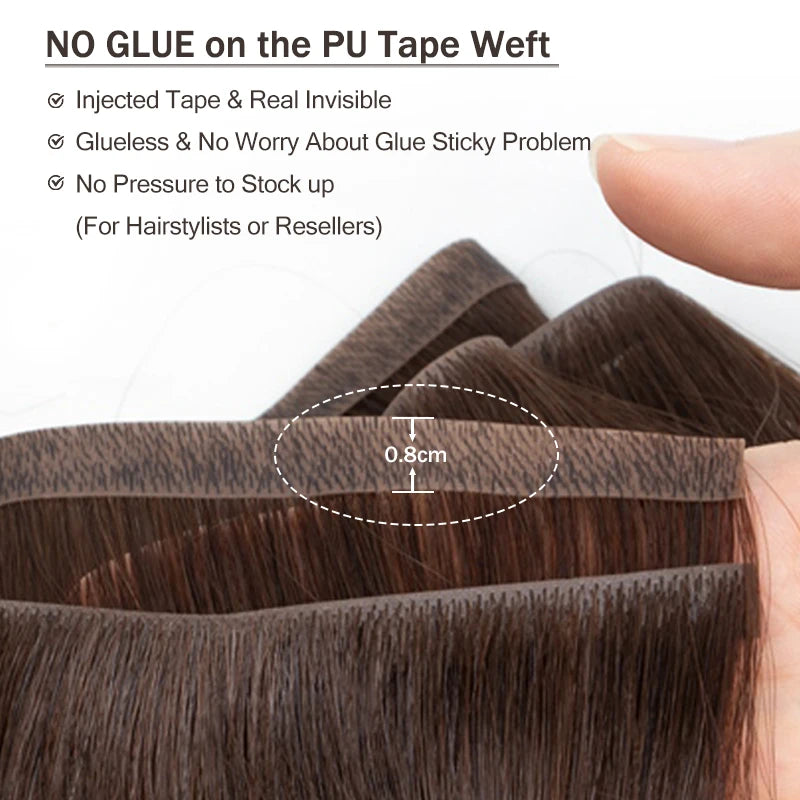 Invisible Long Tape PU Weft Human Hair Bundles Real Natural Hair Seamless & No-Glue Injected Tape In Hair Extensions Thick Ends