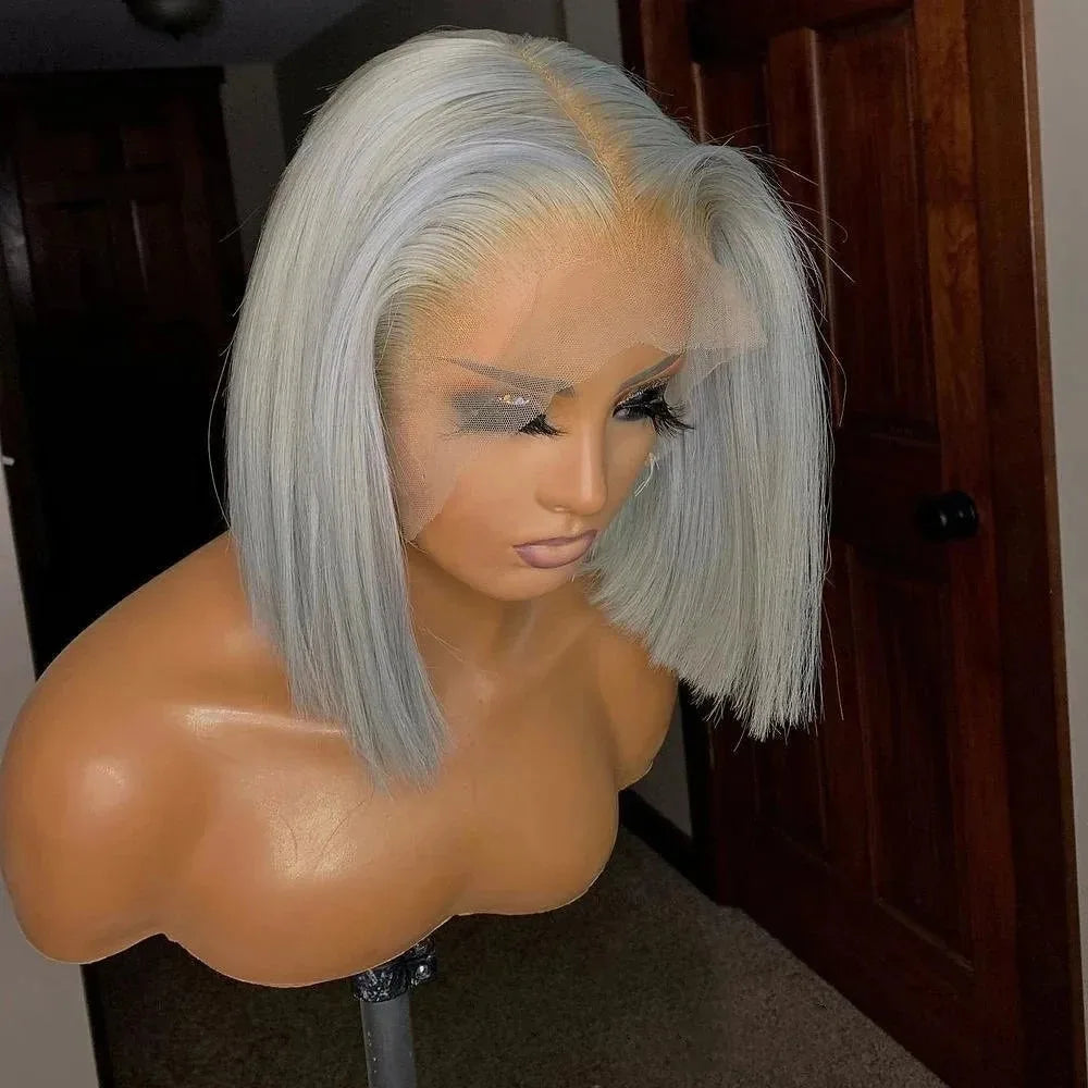Colored Short Bob Wig Lace Front Wig Grey Pink Straight Human Hair Lace Front Wigs Dark Mint Green13x4 HD Lace Frontal Wigs