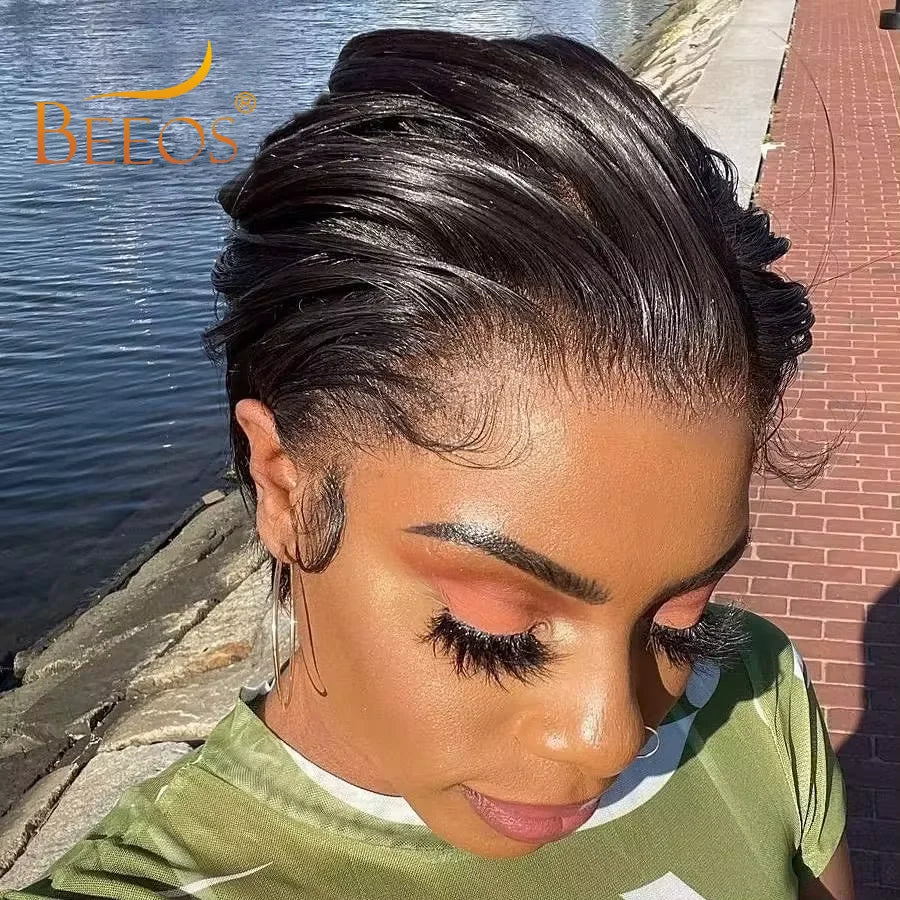 BEEOS Skinlike 13x4 HD Lace Front Human Hair Wigs Pre Plucked Short Pixie Cut Wig Brazilian Hair Wigs For Women Melting Skins