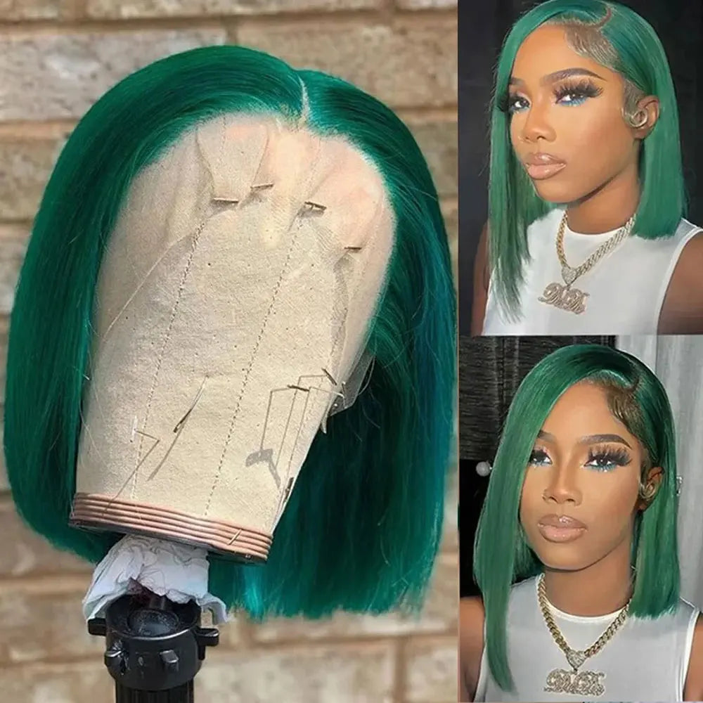 Colored Short Bob Wig Lace Front Wig Grey Pink Straight Human Hair Lace Front Wigs Dark Mint Green13x4 HD Lace Frontal Wigs